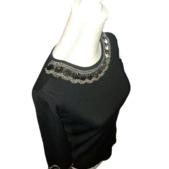 Gorgeous Joseph A Embellished Neckline and Sleeve Black 3/4 Sleeve Shirt Large - Picture 9 of 11